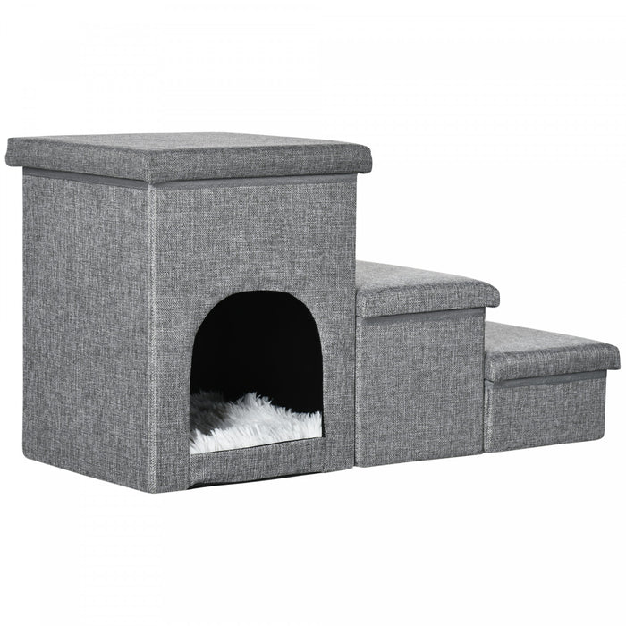 Pawhut Multifunctional Dog Stairs With Storage Boxes And Condo, 3-step Pet Stairs For High Beds And Couch With Washable Plush Cushion, Light Grey