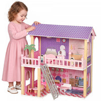 Qaba Wooden Doll House for Girls with 5 Rooms, Dolls and Furniture, DIY Dollhouse Playset, Pretend Play Toy Gift for Kids Ages 3-6, Pink