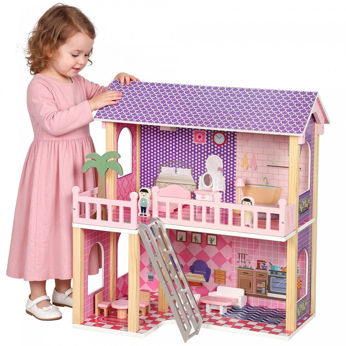 Qaba Wooden Doll House for Girls with 5 Rooms, Dolls and Furniture, DIY Dollhouse Playset, Pretend Play Toy Gift for Kids Ages 3-6, Pink