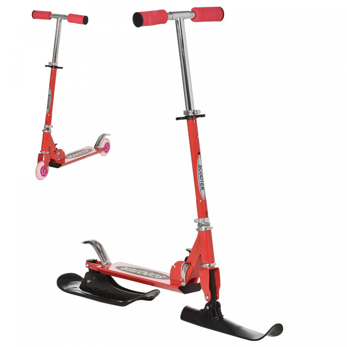 Qaba Snow Scooter, 2 In 1 Design Adjustable Height Scooter Snow Sled For Kids Aged Over 7 Years Old, Kids Sled Ski Scooter With Wheels Blades, Red