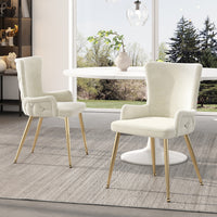 Luna Velvet Dining Chairs with Tufted Upholstered and Gold Metal Legs Set of 2, Beige  