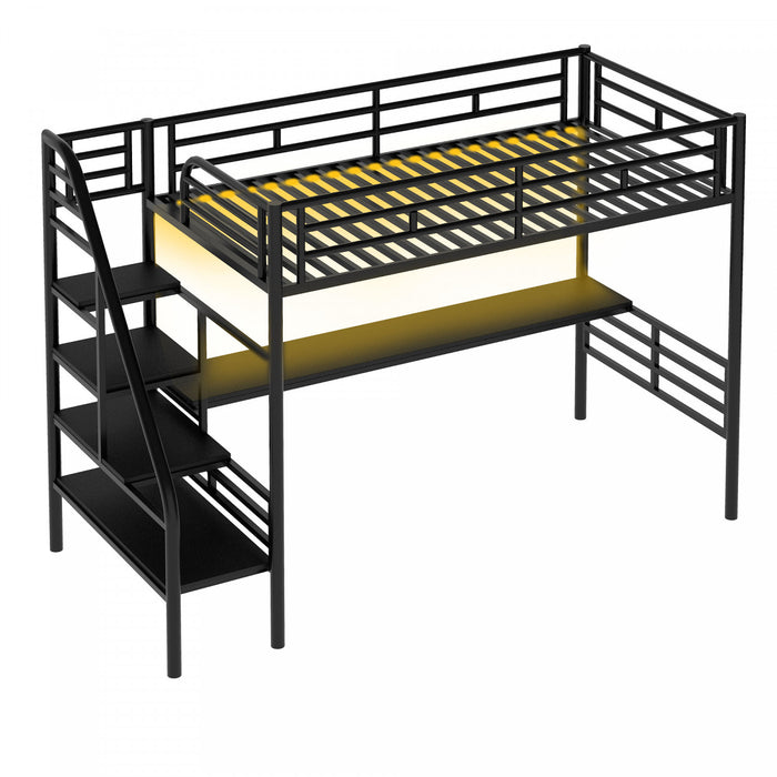 Cherry Twin Loft Space-saving Metal Bed With Desk, Led Light, Black