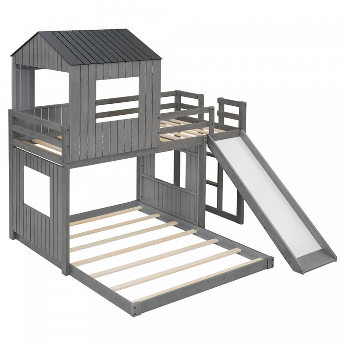 Marico Twin Over Solid Wood Full Bunk Bed With Slide, Playhouse Design, Antique Grey