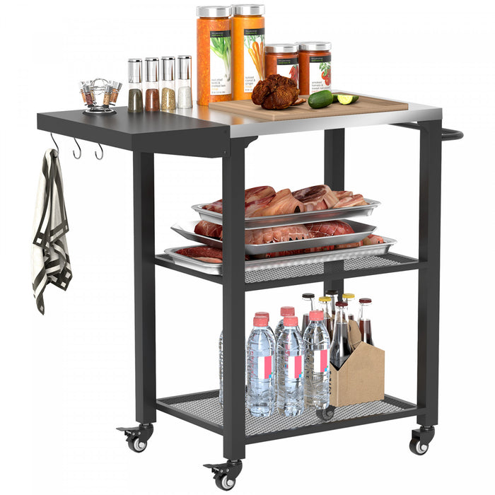 Outsunny 3-Shelf Outdoor Grill Cart with Foldable Side Table, 22\" x 16.1\" Pizza Oven Stand with Stainless Steel Tabletop, Hooks, Movable Food Prep Table on Wheels