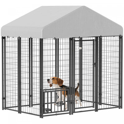 Pawhut 5.9' X 4' X 6' Dog Run Outdoor, Large Outdoor Dog Kennel Welded Wire Steel Fence With Uv-resistant & Waterproof Cover, Rotating Adjustable Bowls, Secure Lock, Silver
