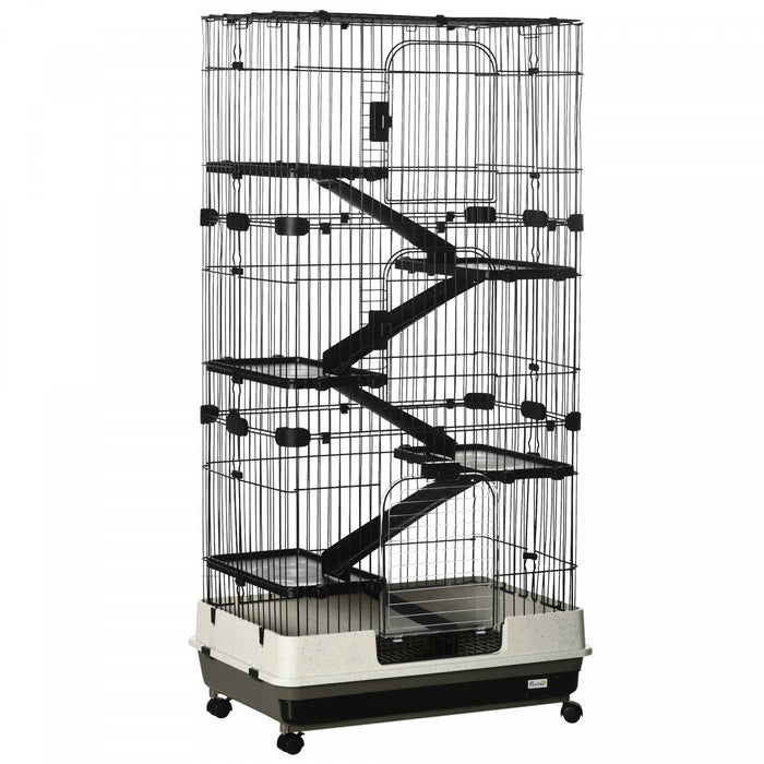 Pawhut 32\"l 6-level Small Animal Cage Rabbit Hutch With Universal Lockable Wheels, Slide-out Tray For Bunny, Chinchillas, Ferret, Black