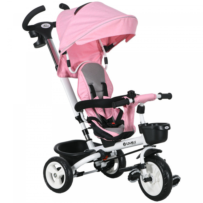 Qaba Toddler Tricycle, 6 In 1 Stroller Bike With Parent Push Handle, Canopy, Storage Baskets, Cupholder, Safety Guardrail And 5-point Safety Belt, For 12-60 Months, Pink