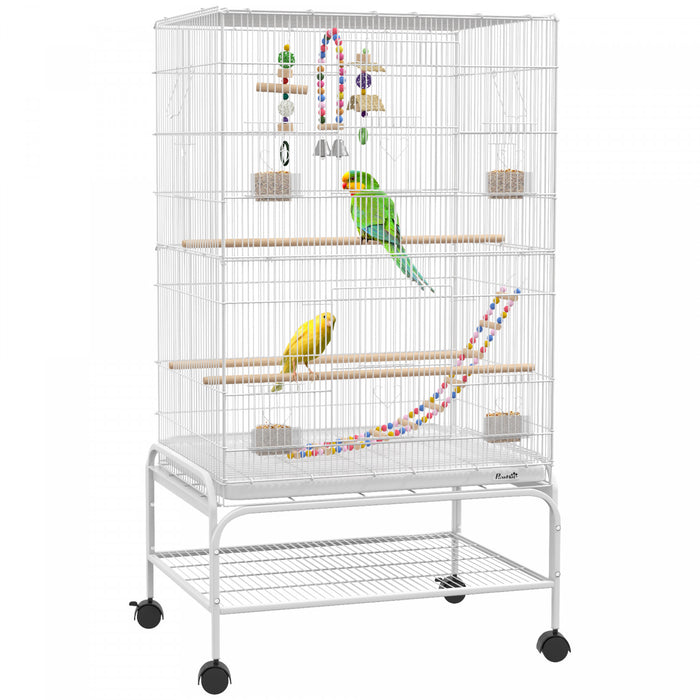 Pawhut 43\" Bird Cage For Budgies Cockatiels Canaries Lovebirds Finches With Rolling Stand, Toys, Removable Tray, Storage Shelf, White