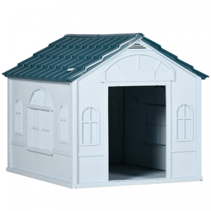 Pawhut 26\" Plastic Dog House Outdoor, Waterproof Dog Kennel With Air Vents, Pet Shelter For Small Medium Dogs, Blue