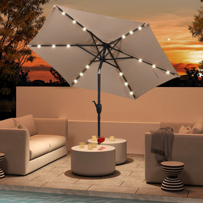 Costway 7.5 ft Solar Powered Patio Umbrella with LED Lights Push Button Tilt Crank Handle Brown