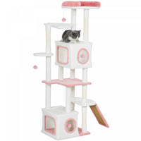 PawHut Cat Tree for Indoor Large Adult Cats, 65 Inch Kitty Tower Multi-Level with 2 Doors Condos, Plush Top Perch, Hammock, Sisal Scratching Posts, 4 Pompoms, Ramp, White