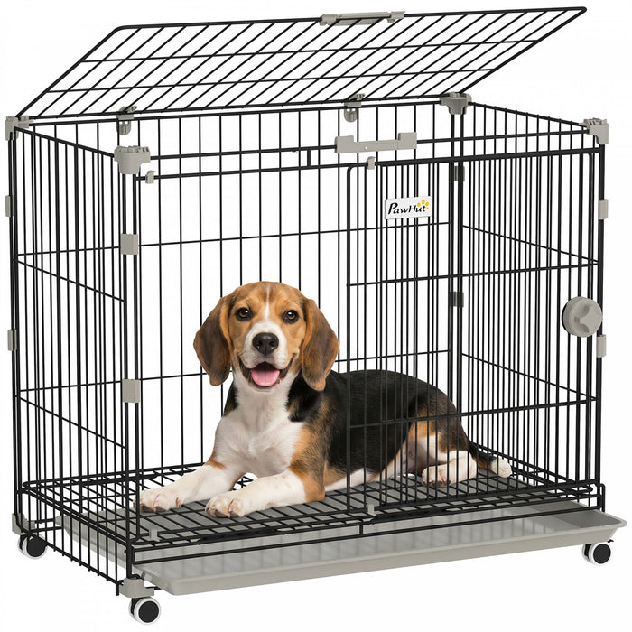 PawHut Dog Crate, 30 Inch Metal Dog Cage with Removable Tray, Lockable Wheels, 2 Doors for Small Medium Breeds, Black