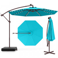 Costway Patio 10FT Hanging Offset Umbrella 32 LED Lights Sand Bag Outdoor Cross Base Turquoise