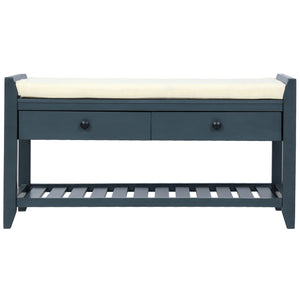 Stephanie Pine Wood Shoe Rack Bench With Cushioned Seat With Storage Drawers - Antique Navy