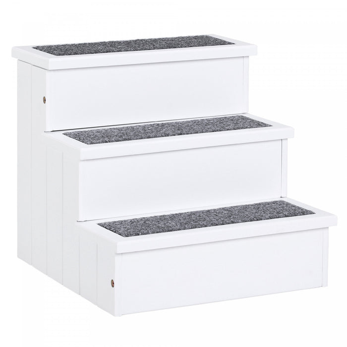 Pawhut Pet Steps 3-step Dog Stairs For Small Dogs Cats And Wooden Ramp With Storage Box Carpet Tread, White