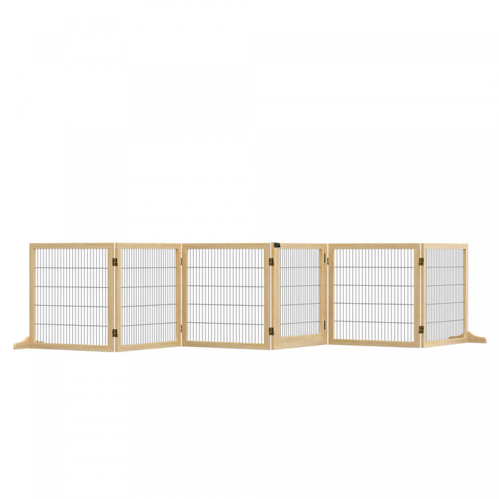 Pawhut Wooden Pet Gate, Dog Safety Barrier, Freestanding Foldable Fence, W/ 6 Panels, 2 Support Feet, For House Doorway Stairs, Small & Medium Dogs, Natural Wood