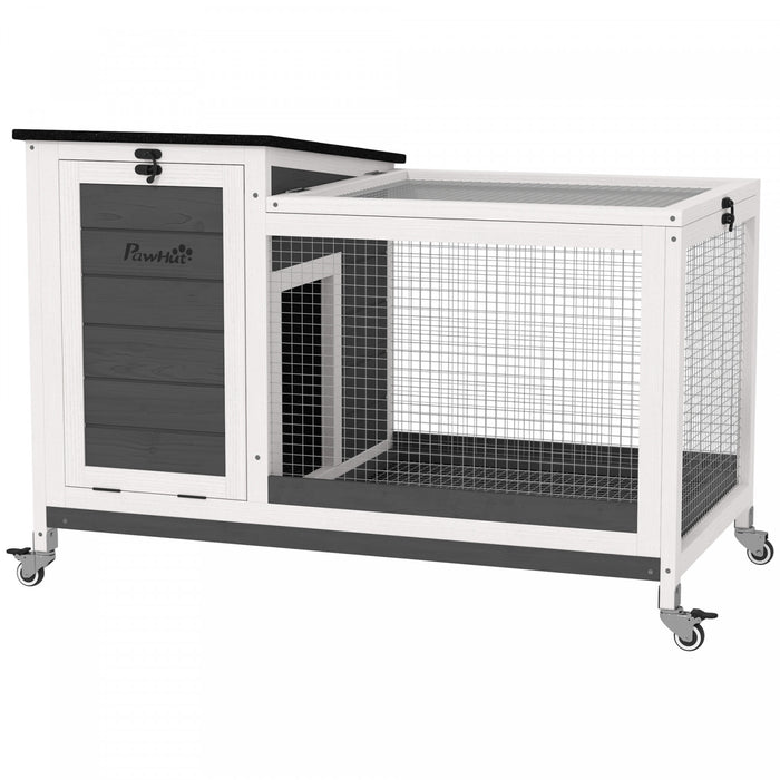 Pawhut Wooden Rabbit Hutch, Indoor Outdoor Guinea Pig Cage With Pull-out Tray, Asphalt Openable Roof, Small Animal Cage On Wheels With Run, Dark Grey