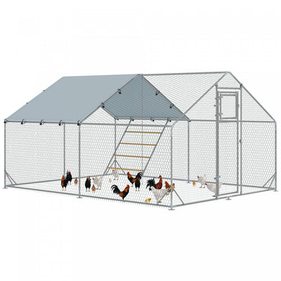 Pawhut Chicken Run, Large Metal Chicken Coop With Feeding Door, Waterproof & Uv-resistant Cover, Hanging Feeder, Perch, Poultry Cage For Outdoor, Backyard, Farm, For 12-18 Poultry