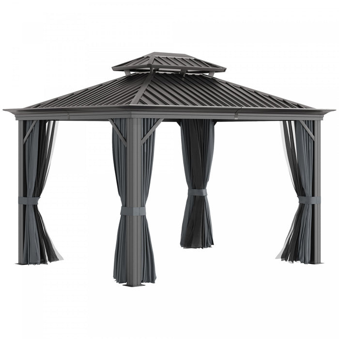 Outsunny 10' X 12' Outdoor Hardtop Gazebo With Galvanized Steel Canopy & Netting Sidewalls For Lawn, Backyard, Dark Grey