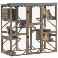 Pawhut Catio, Outdoor Cat Enclosure With Waterproof Cover, 2 Relaxing Condo, 5 Platforms, Wooden Cat House Window Box For Multiple Kittens, 59