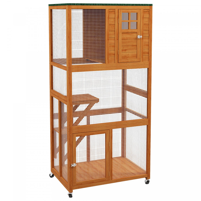 Pawhut 74\" Wooden Outdoor Cat House Weatherproof & Wheeled, Catio Outdoor Cat Enclosure With High Weight Capacity, Kitten Cage Condo, Orange