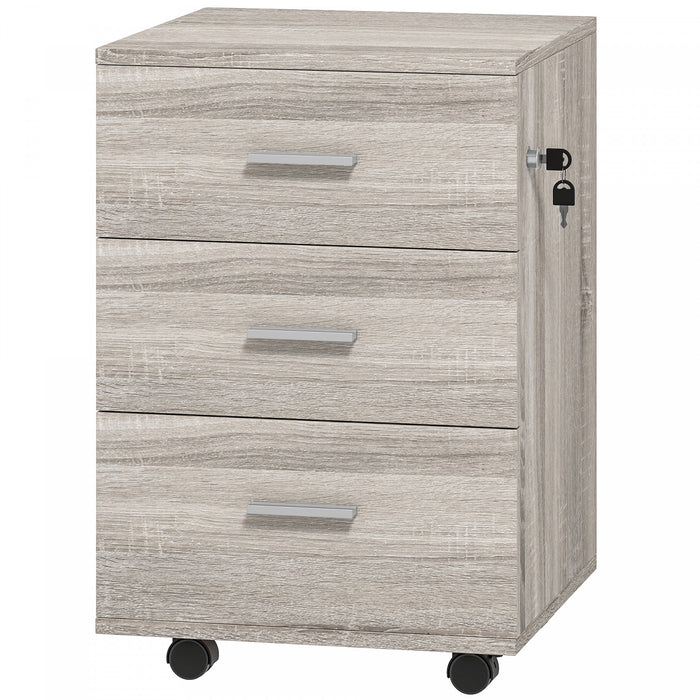 Vinsetto 3 Drawer File Cabinet with Lock and Wheels, Grey Wood Grain