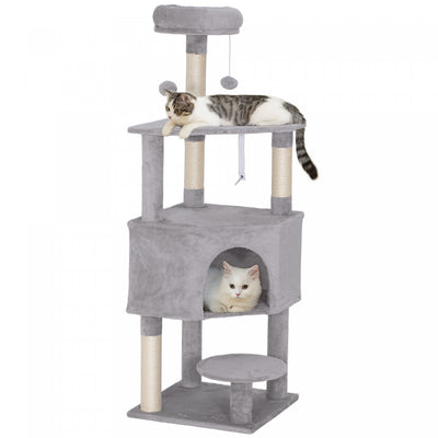 PawHut 54 Inch Cat Tree, Cat Tower for Indoor Kittens with Large Cozy Condo, Plush Top Perch, Sisal Scratching Posts, Dangling Toy Ball, Light Grey