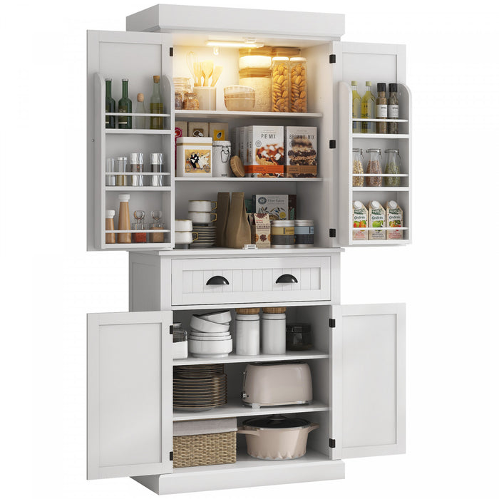 HOMCOM 71\" Kitchen Pantry Cabinet with Spice Racks and LED Lights, White