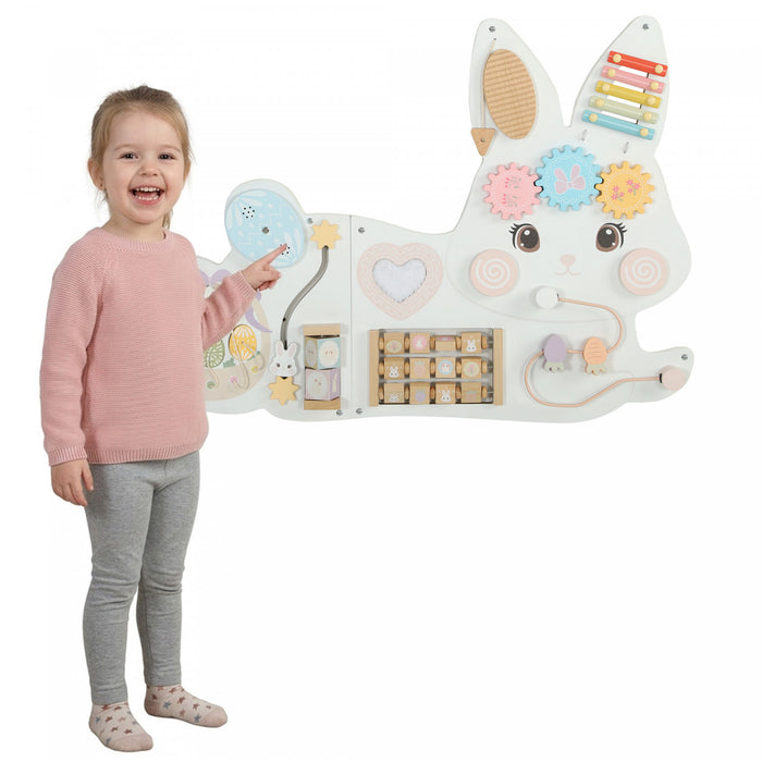Qaba Easter Bunny Activity Wall Busy Board, Wooden Montessori Sensory Toys for 1.5-6 Y, Interactive Learning Activity Center for Playroom Nursery, Educational Toys for Toddler