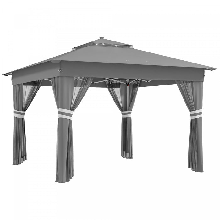 Outsunny 11x11ft Pop Up Canopy Tent With Curtains, Netting, 20 Solar-powered LED Lights, Roller Bag, 4 Weight Bags, Height Adjustable Instant Sun Shelter For Garden, Patio, Grey