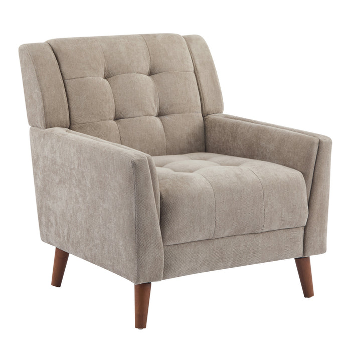 Midway Mid-Century Modern Armchair with Tufted Waffle Stitch, Light Brown, Walnut