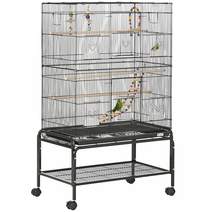 Pawhut Bird Cage With Rolling Stand, Toys, For Budgies Canaries Finches Lovebirds Parakeets, Parrot Cage With Accessories, Storage Shelf, Black