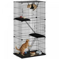 PawHut 3-Tier Cat Cage Indoor, Detachable Metal Wire Kennel with 3 Lockable Doors, Hammock, 2 Ladders, Platforms, Bottom Tray and Cushions for 1-2 Kittens, Black