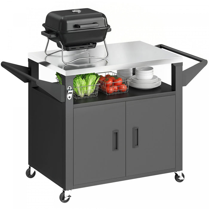 Outsunny Outdoor Grill Cart with Stainless Steel Tabletop for Kitchen Prep, 3-Shelf Pizza Oven Stand with Storage Cabinet, Movable BBQ Stand on Wheels, Black