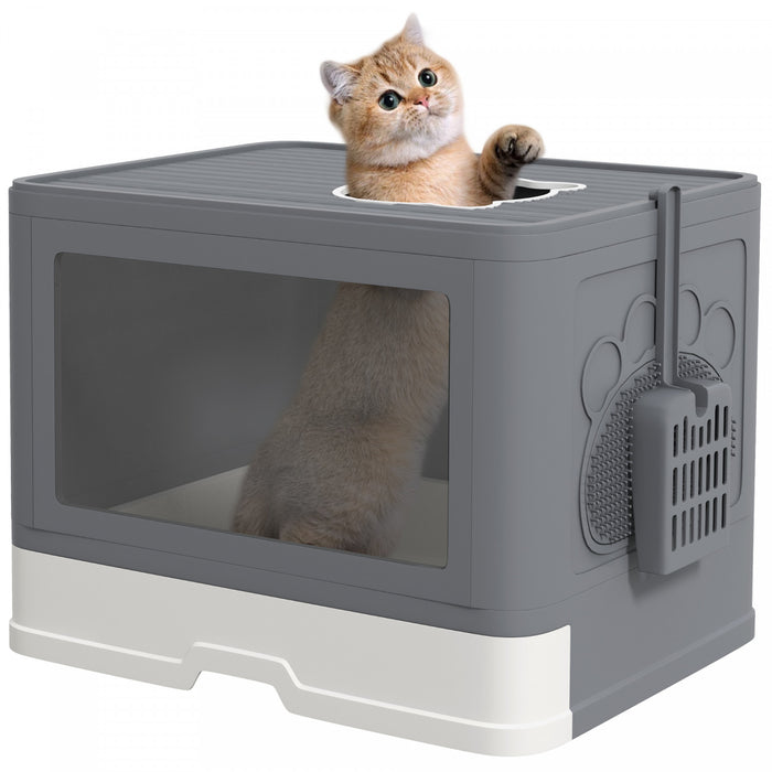 PawHut Foldable Cat Litter Box with Lid, Front Enter & Top Exit Kitten Litter Box Fully Enclosed, Pull-Out Drawer Type Large Cat Toilet with Scoop, Self-Groomer for Kitties, Grey