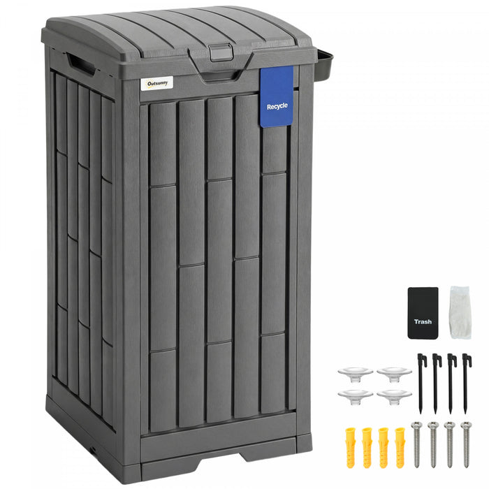 Outsunny 29 Gallon Outdoor Garbage Bin with Dual Lid and Side Holder, Waterproof Plastic Garbage Can with Drip Tray, Outdoor Waste Trash Can for Patio, Backyard, Garden, Grey