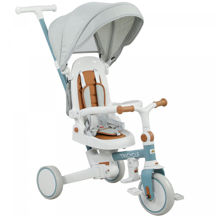 Qaba Toddler Tricycle, 7 In 1 Kids Trike With Adjustable & Removable Parent Handle, Canopy, Safety Harness, Folding Pedal, Storage Bag, Brake, Clutch, For 1-5 Years, Blue
