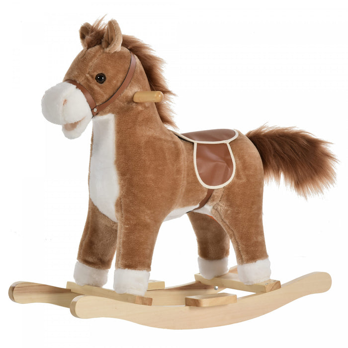 Qaba Rocking Horse Plush Animal On Wooden Rockers With Sounds, Wooden Base, Baby Rocking Chair For 36-72 Months, Brown