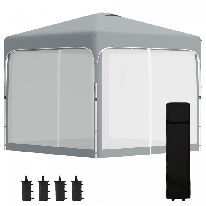 Outsunny 10' X 10' Pop Up Gazebo, Foldable Canopy Tent With Carrying Bag With Wheels, 4 Leg Weight Bags, Mesh Sidewalls And 3-level Adjustable Height For Outdoor Garden Patio Party, Grey