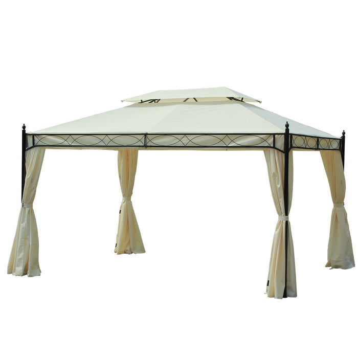 Outsunny 10x13ft Garden Gazebo Double-tiered With Curtain Outdoor Shelter Backyard Canopy Cream White