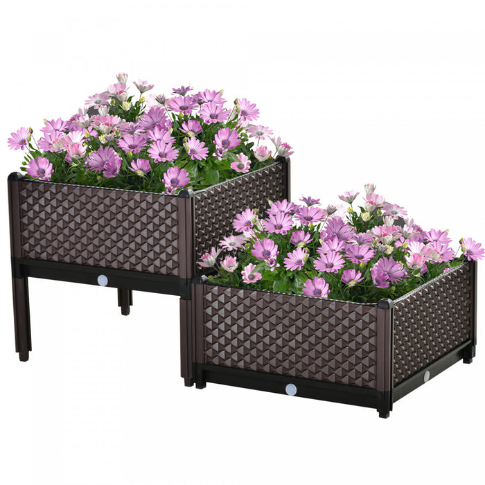Outsunny Set Of 2 Plastic Raised Garden Bed, Planter Box, Flower Vegetables Planting Container With Self-watering Design And Drainage Holes For Patio Balcony