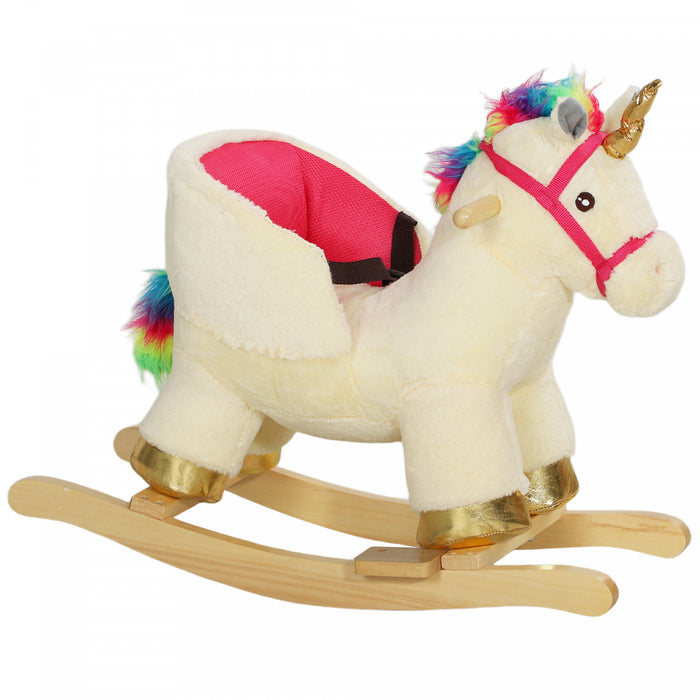 Qaba Baby Rocking Horse, Plush Animal Rocker For Toddlers Aged 18-36 Months, Stuffed Ride Toy With Sounds, Seat Belt, Cream White