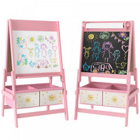 Qaba Art Easel For Kids, 3-in-1 Double-sided Kids Easel With Paper Roll, Whiteboard & Chalkboard, 2 Storage Boxes, Gift For Boys, Girls Ages 3-8, Pink