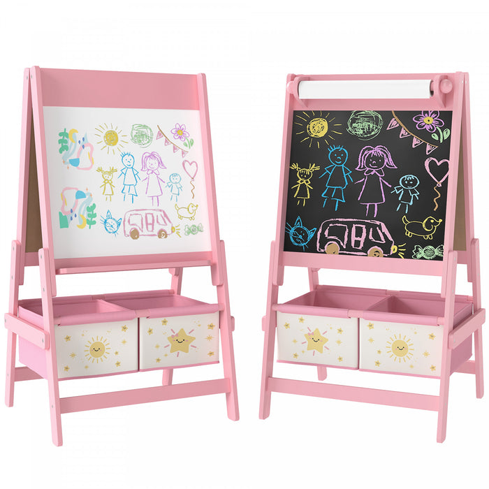 Qaba Art Easel For Kids, 3-in-1 Double-sided Kids Easel With Paper Roll, Whiteboard & Chalkboard, 2 Storage Boxes, Gift For Boys, Girls Ages 3-8, Pink