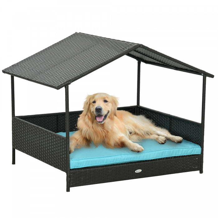 Pawhut Rattan Dog House Outdoor With Shade Canopy, Elevated Wicker Dog Bed With Soft Cushion Washable Cover, For Medium Large Dogs, Blue