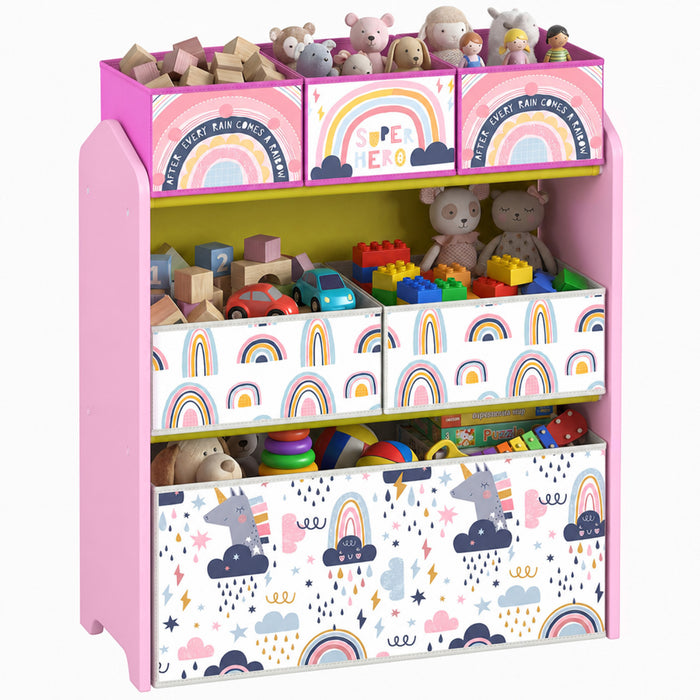 Qaba Kids Storage Organizer with 6 Storage Bins, 3-Tier Children's Storage Shelf for Bedroom, Kids Room, Large Organizer Rack for Toys and Books, Pink