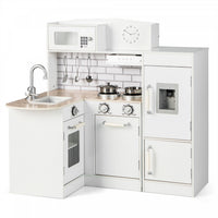 Costway Kids Corner Kitchen Playset Wooden Play Kitchen With Microwave&fridge For Toddlers