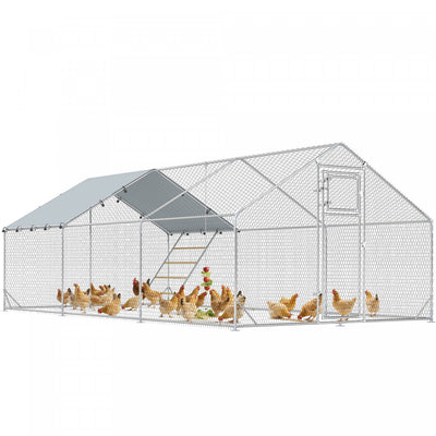 Pawhut Chicken Run, Large Metal Chicken Coop With Feeding Door, Waterproof & Uv-resistant Cover, Hanging Feeder, Perch, Poultry Cage For Outdoor, Backyard, Farm, For 18-24 Poultry