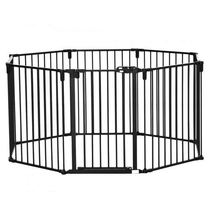Pawhut Pet Safety Gate 8-panel Playpen Fireplace Christmas Tree Steel Fence Stair Barrier Room Divider With Walk Through Door Automatically Close Lock Black
