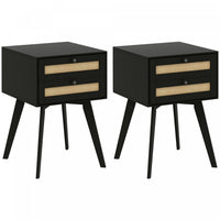 HOMCOM Bedside Table Set of 2 with 2 Drawers, Rattan Element for Bedroom
